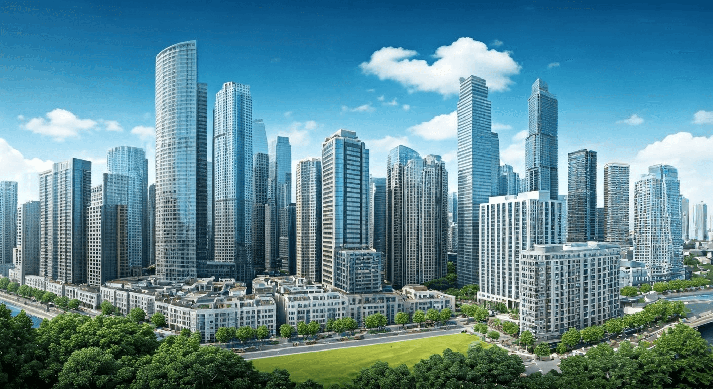 Vibrant city skyline with diverse properties