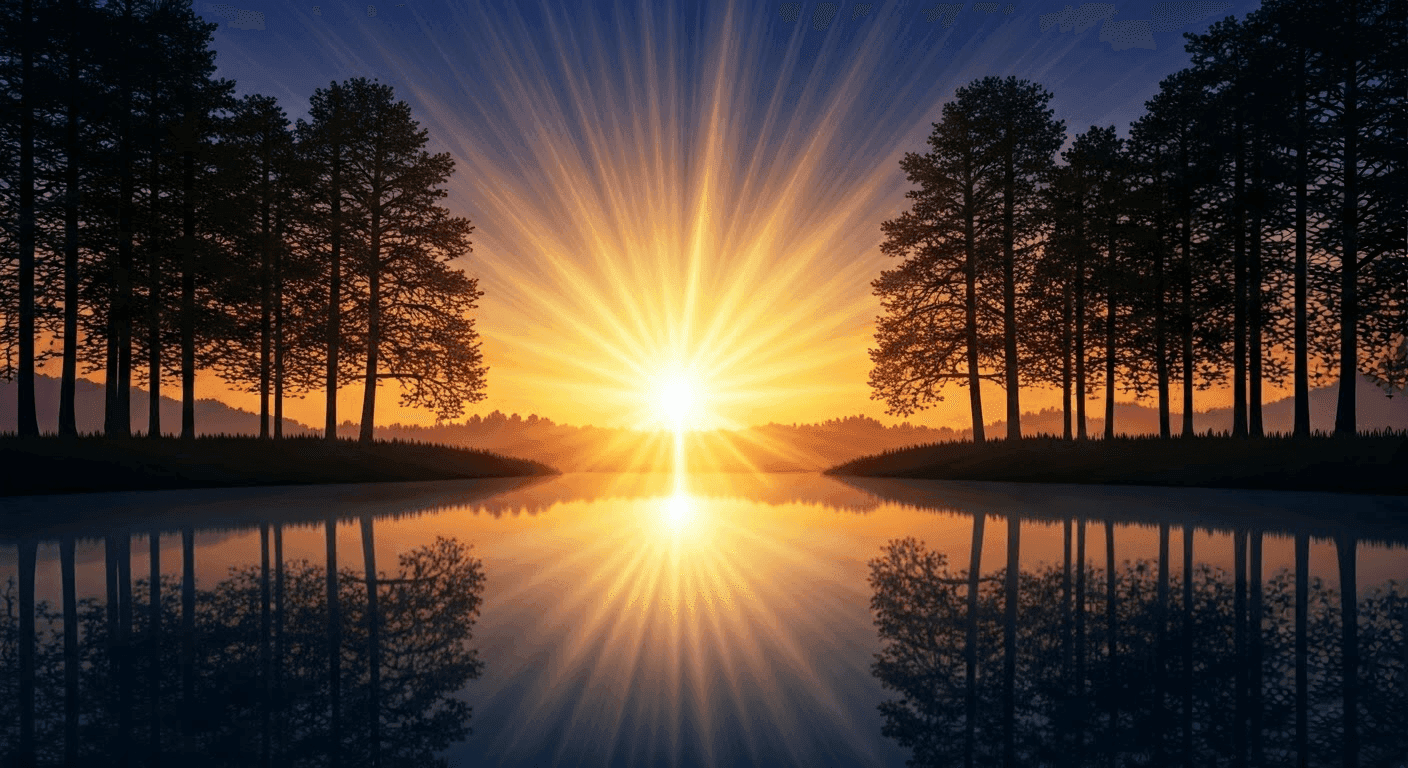 Radiant sunrise over tranquil lake