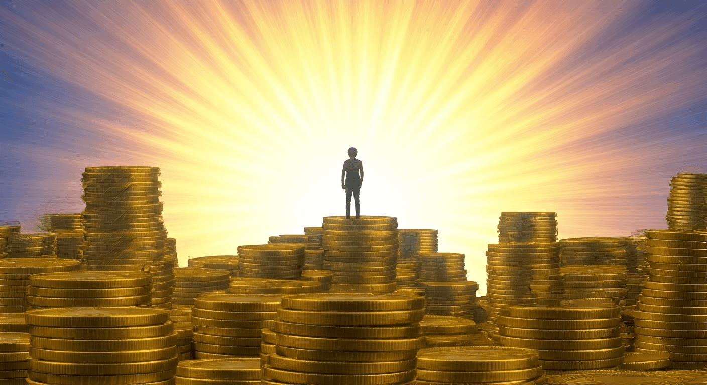 Person on mountain of gold coins