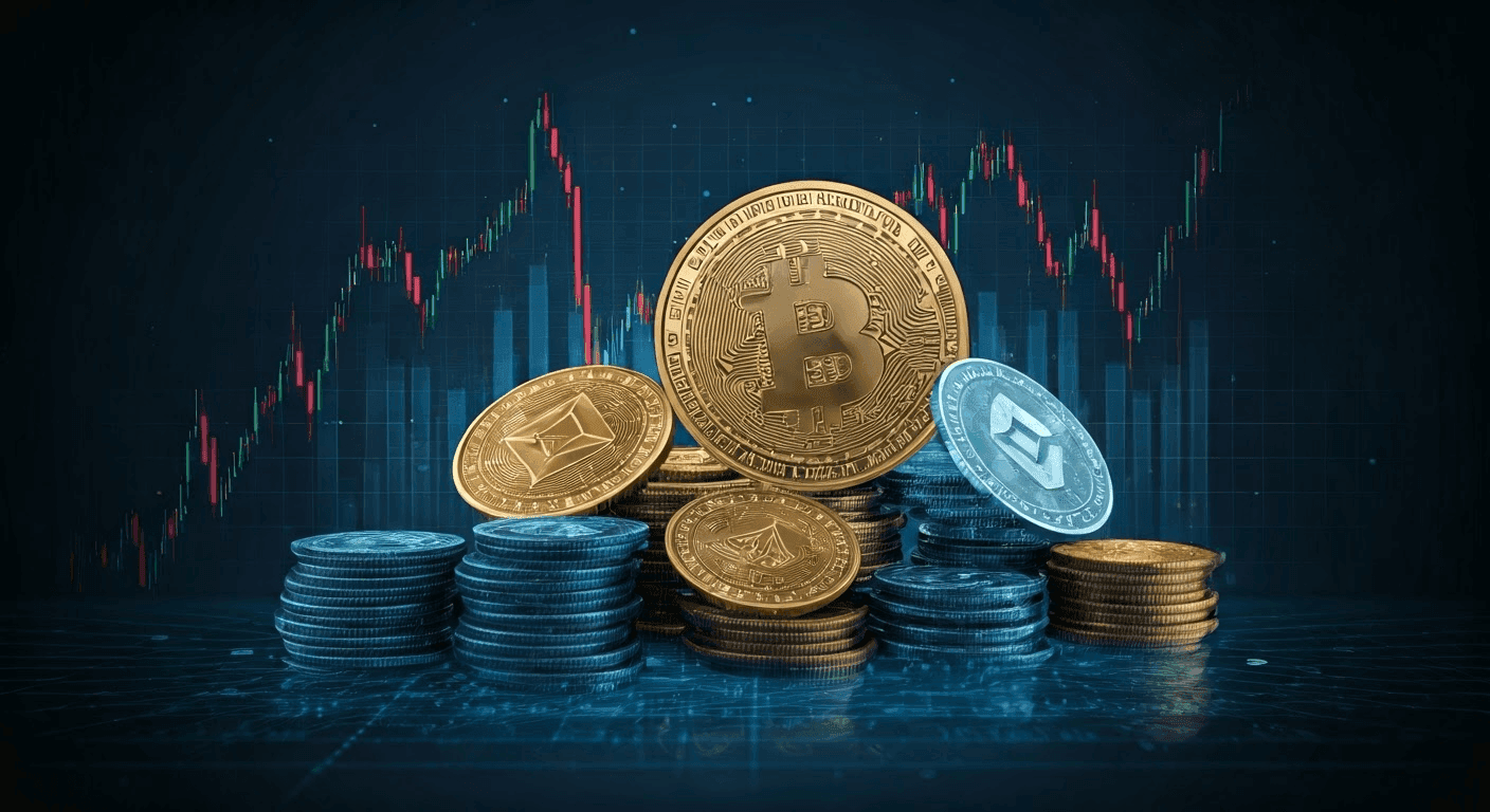 Vibrant digital art of crypto market cap landscape