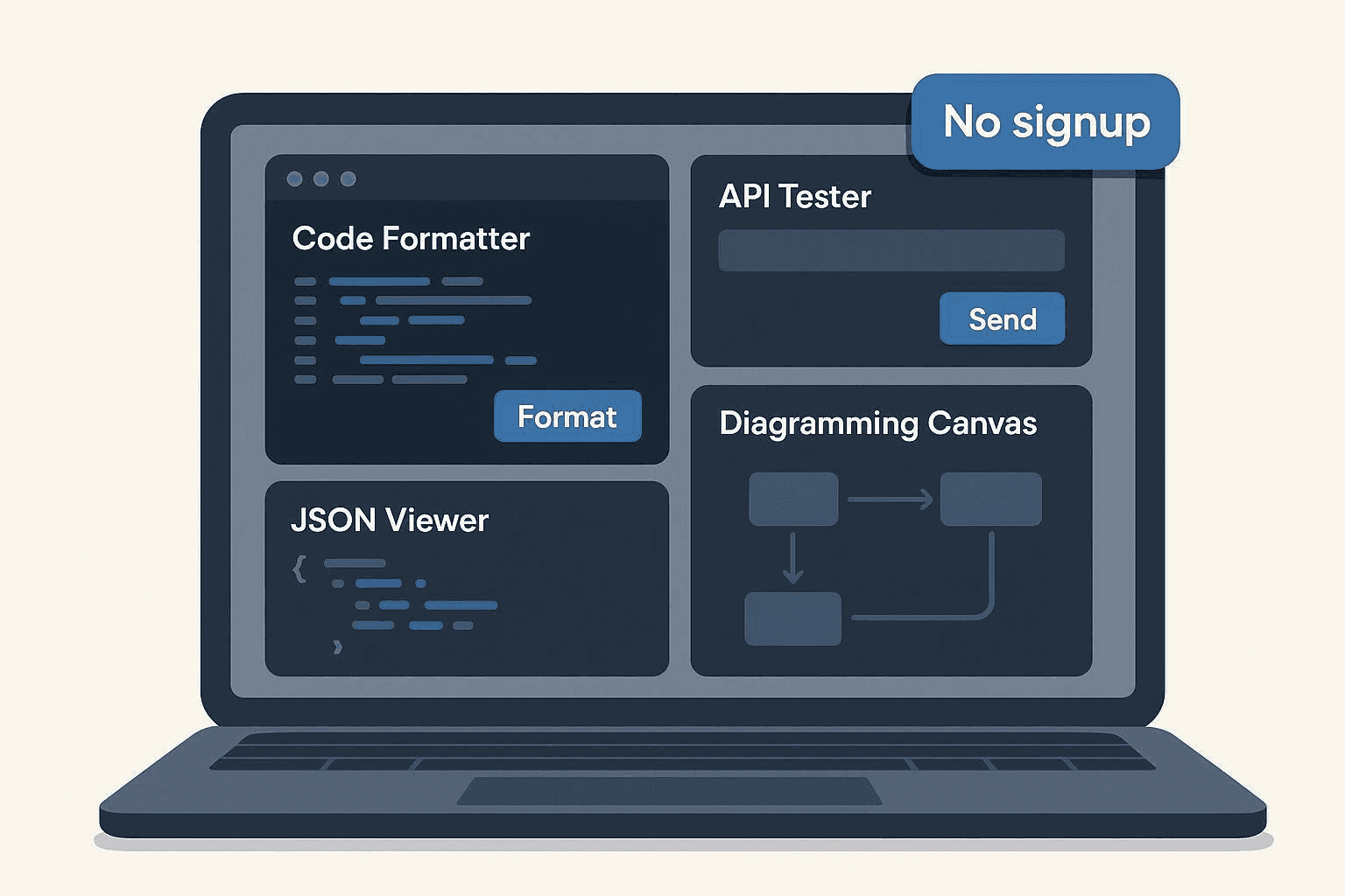 Developer launching instant-use browser tools without signup on a laptop screen