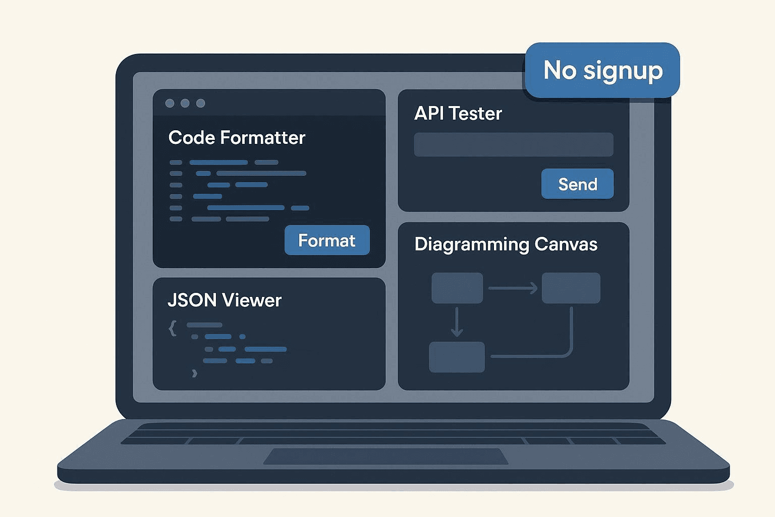 Developer launching instant-use browser tools without signup on a laptop screen