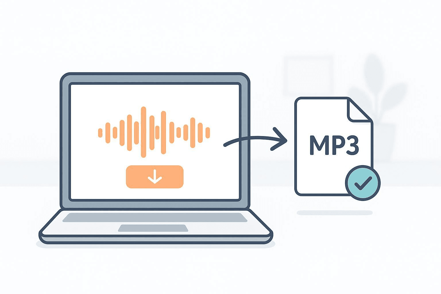 Illustration of a laptop showing a waveform with a download button leading to an MP3 icon